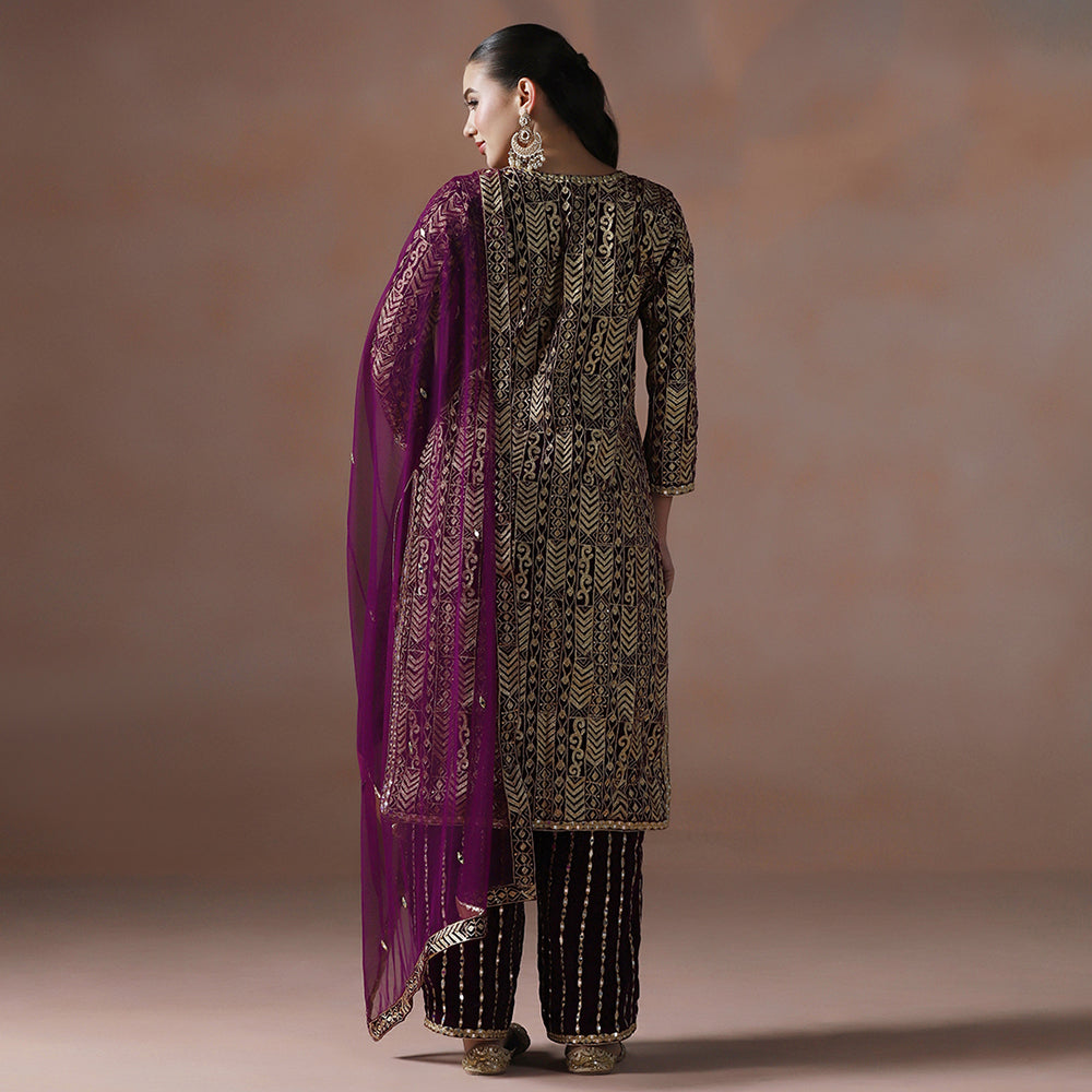 Wine Velvet Aari Mirror Embroidered Kurta Set