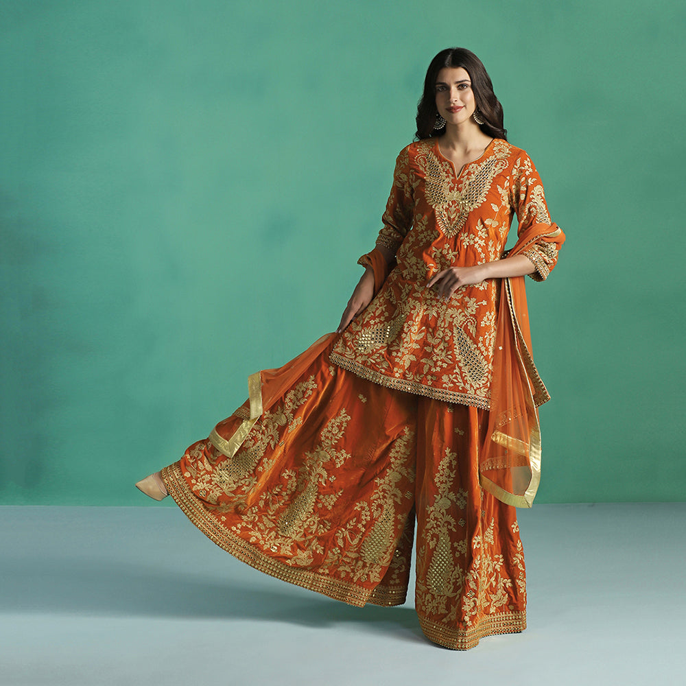 Velvet Orange Kurta Sharara Set