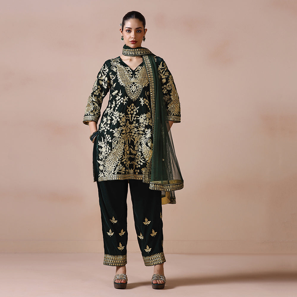 Velvet Deep Green Kurta Set