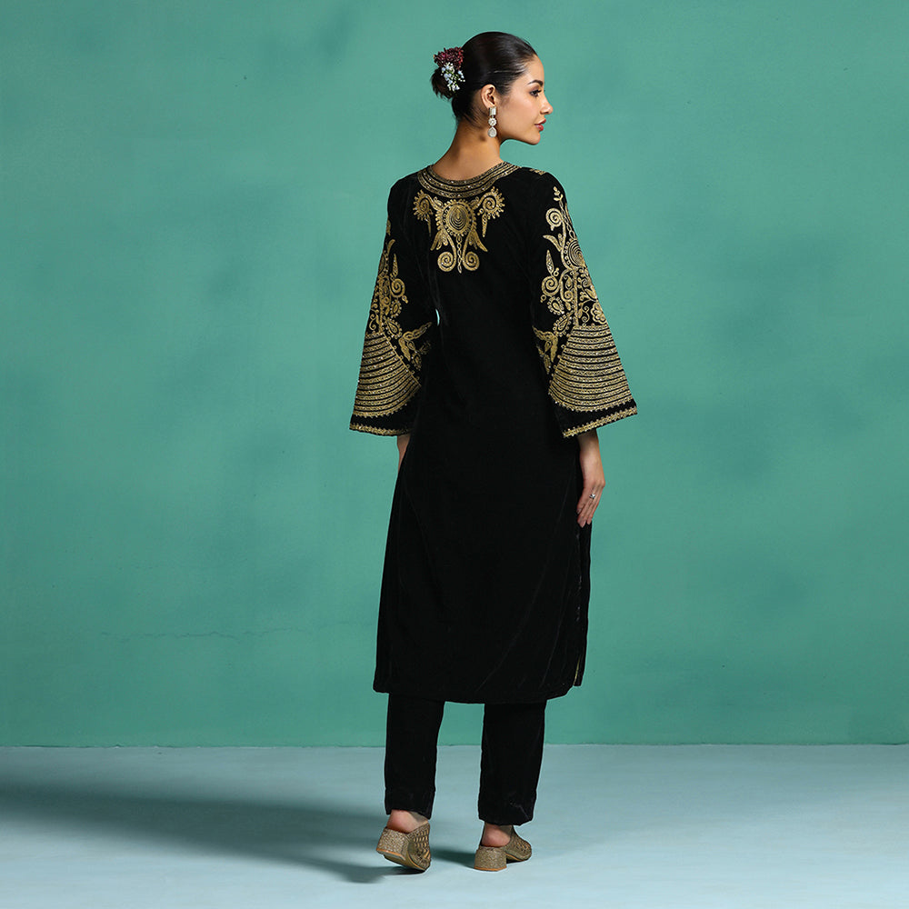 Black Velvet Embroidered Kurta Set