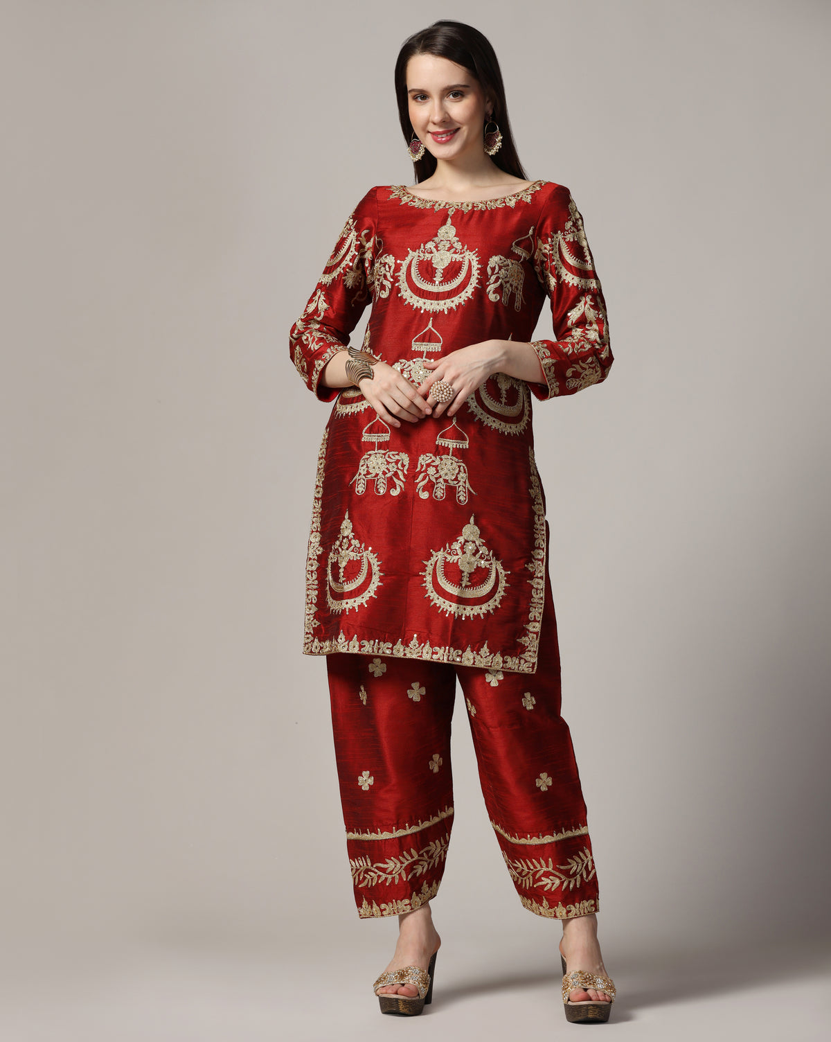 Maroon Aari Embroidered Kurta Set With Dupatta