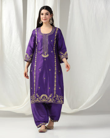 Purple Dori Embroidery Kurta Set with Dupatta