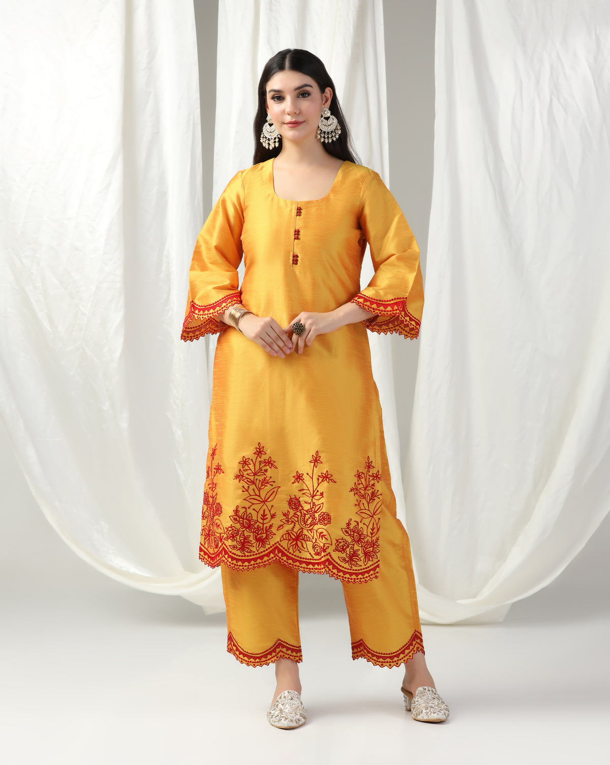 Bright Yellow Aari Embroidery Kurta Set With Dupatta