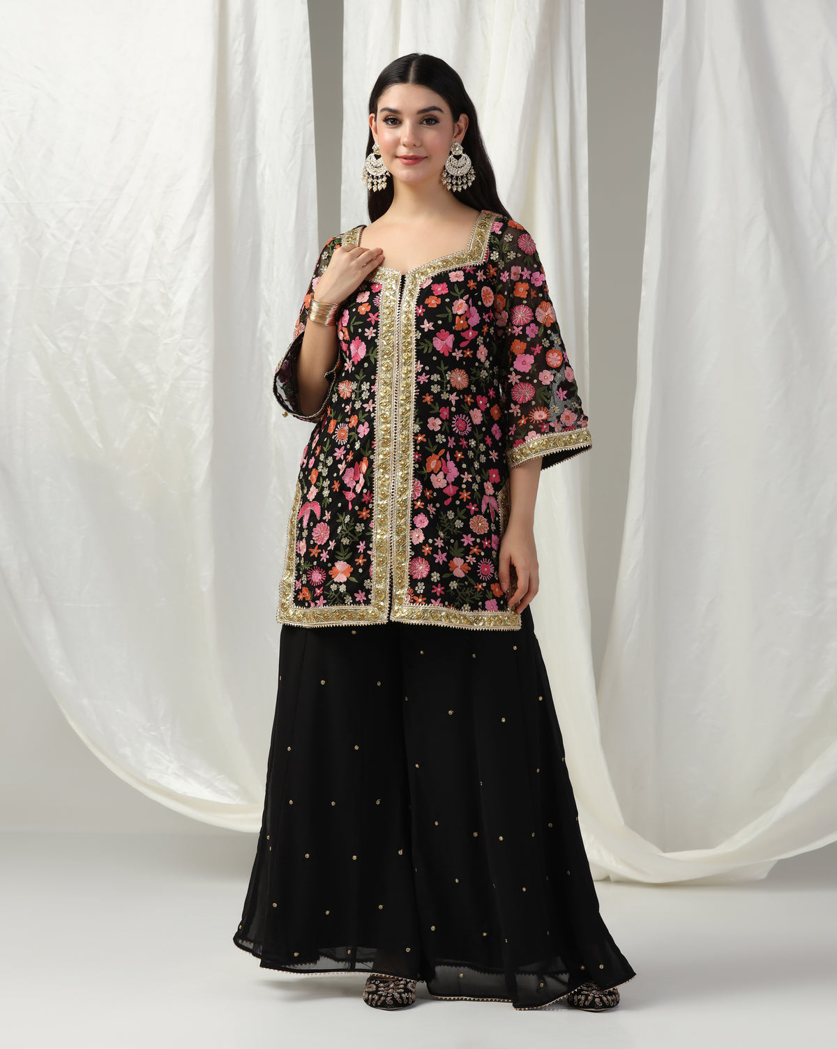 Multi Color Embroidered Kurta With Sharara & Dupatta