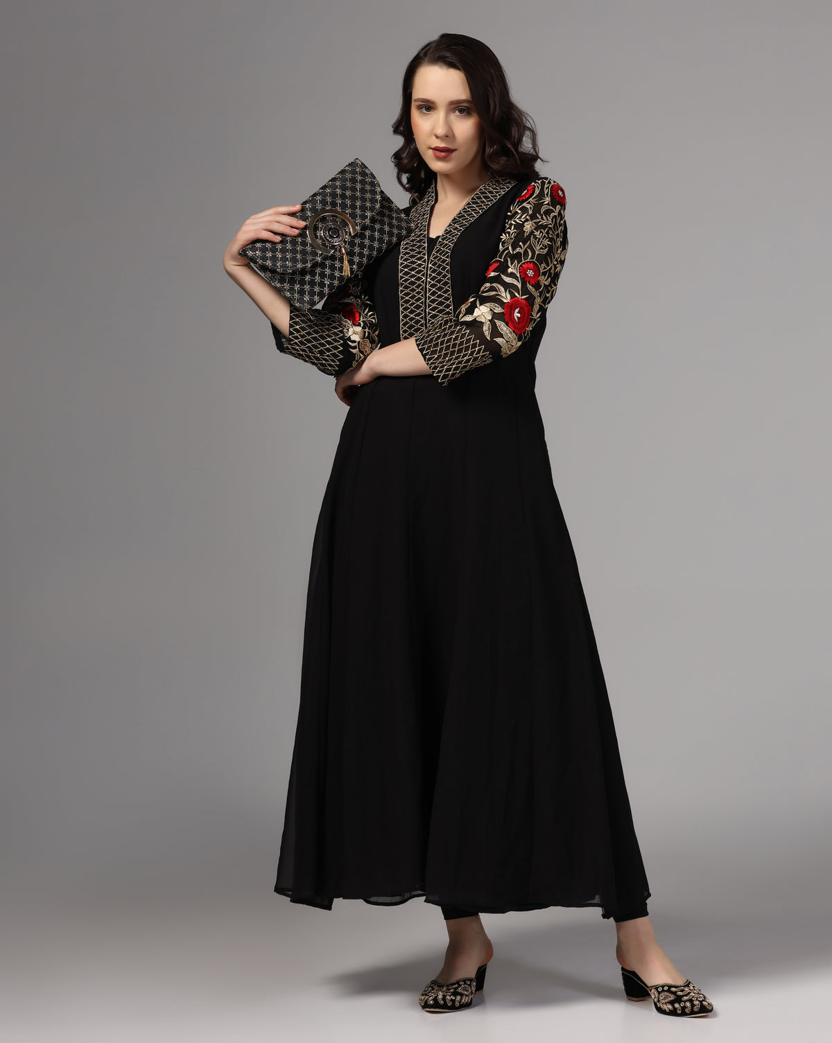 Georgette Black Embroidered Long Kurti