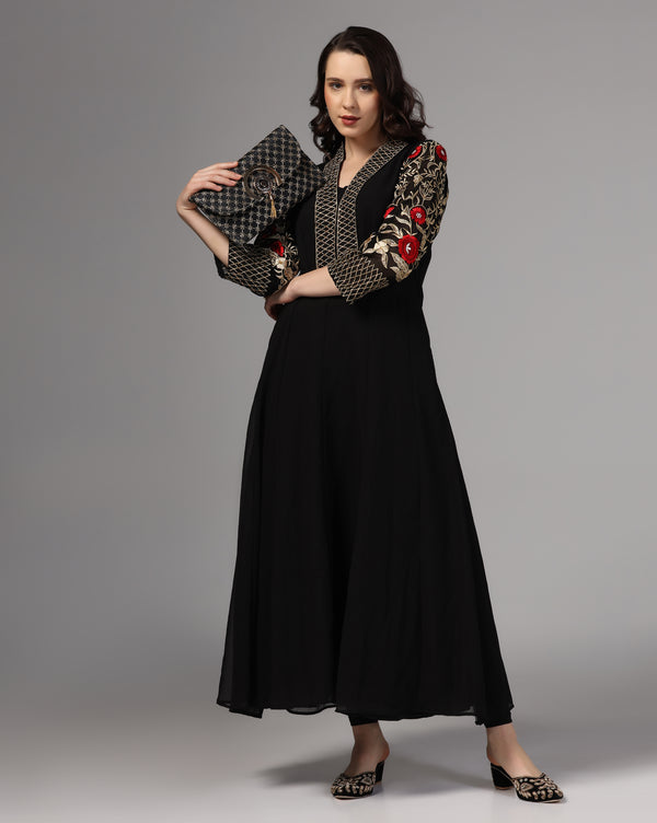 Georgette Black Embroidered Long kurti