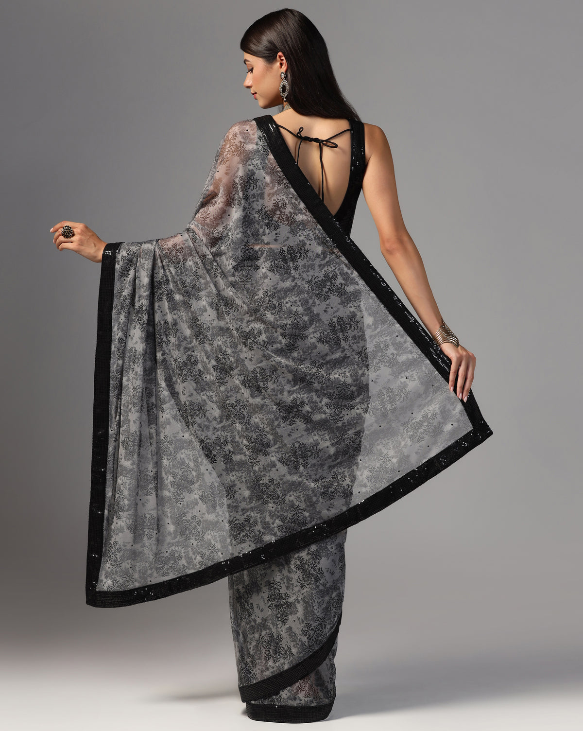 Printed Net Sequin Border Saree