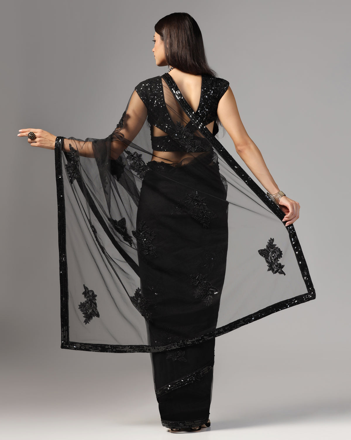 Black Net Hand Embroidered Saree
