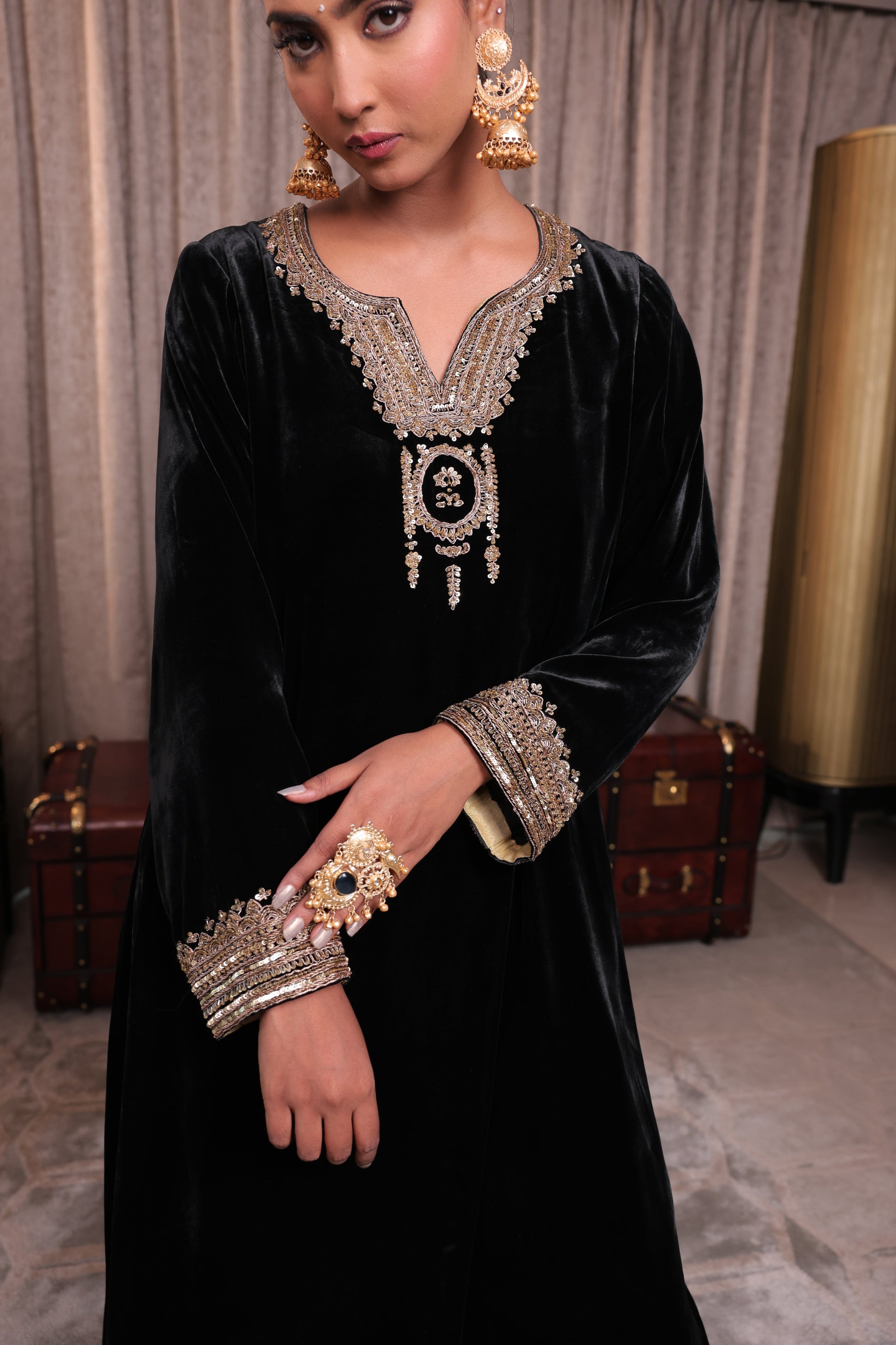 Classic Black Velvet Embroidered Kurta Set