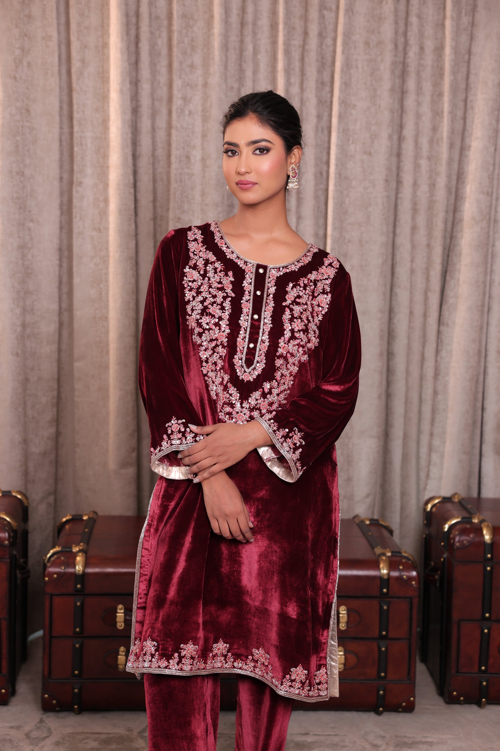 Classic Burgundy Embroidered Velevet Kurta Set