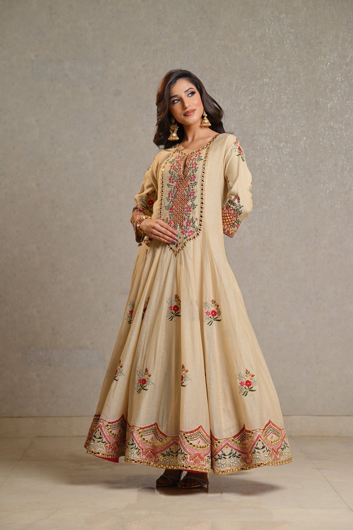 Elegant Ivory Beige Embroidered Anarkali Set