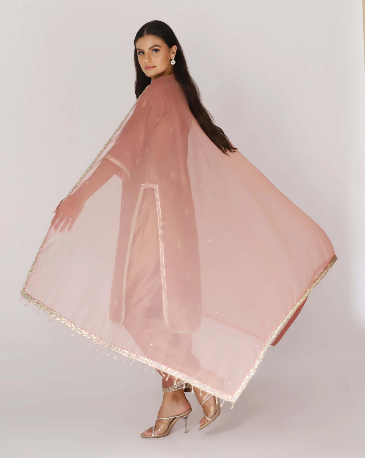 Rose Gold Radiance Tissue Kurta Pant With Handcrafted Detailing