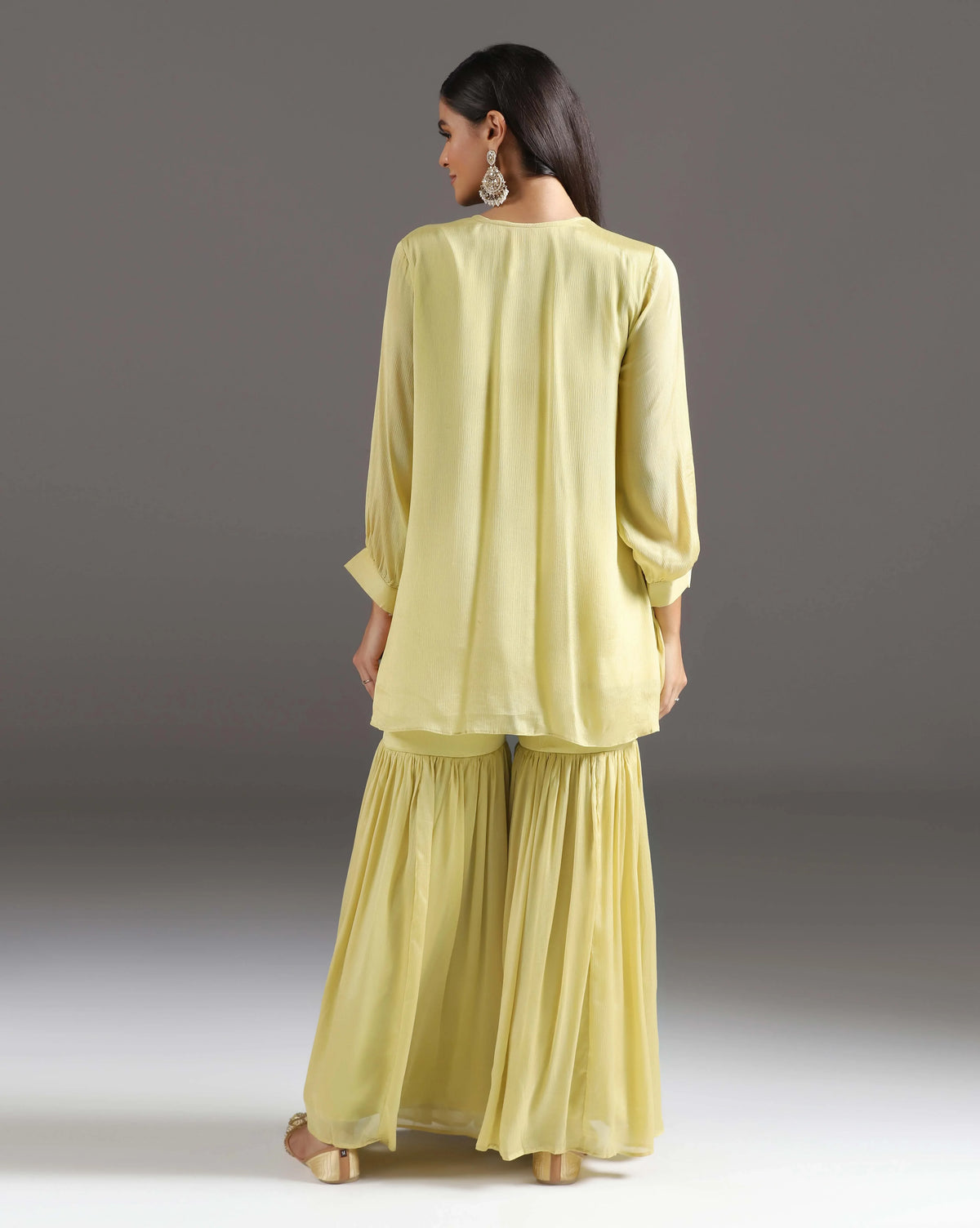 Green Glow Embroidered Short Kurti With Chiffon Sharara