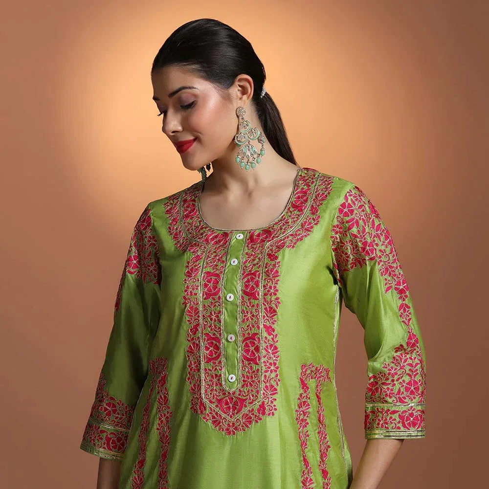 Green Chanderi Embroidered Kurti