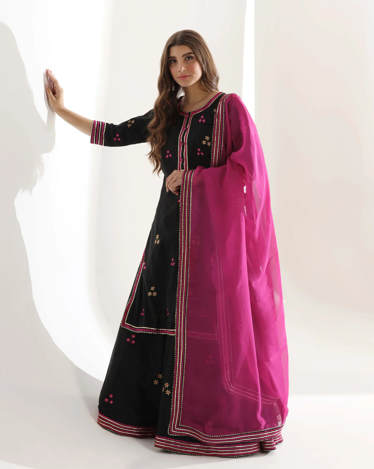 Black Chanderi Long Kurti Lehenga