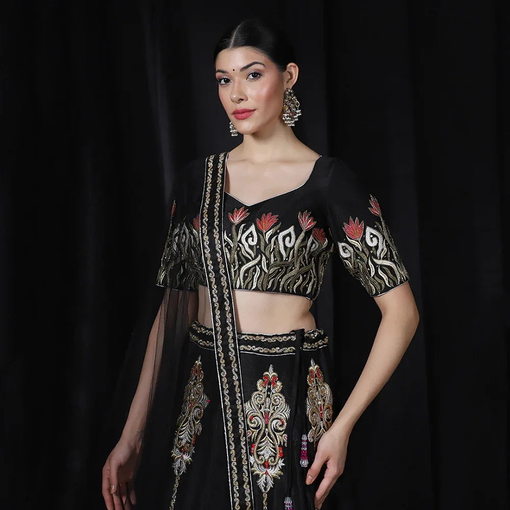 Black Multi Thread Embroidered Lehenga