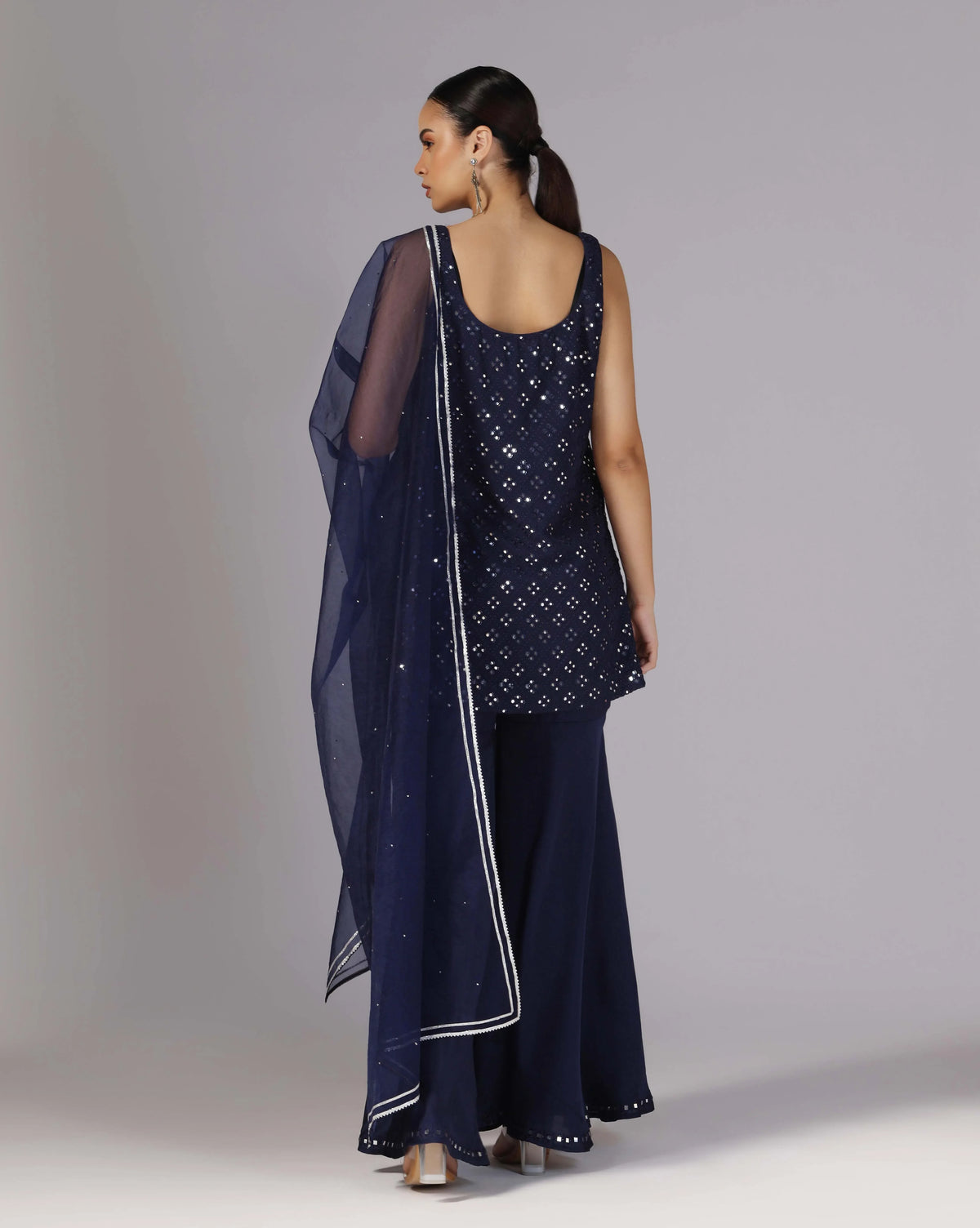 Cosmic Blue Mirror Kurti With Chiffon Sharara
