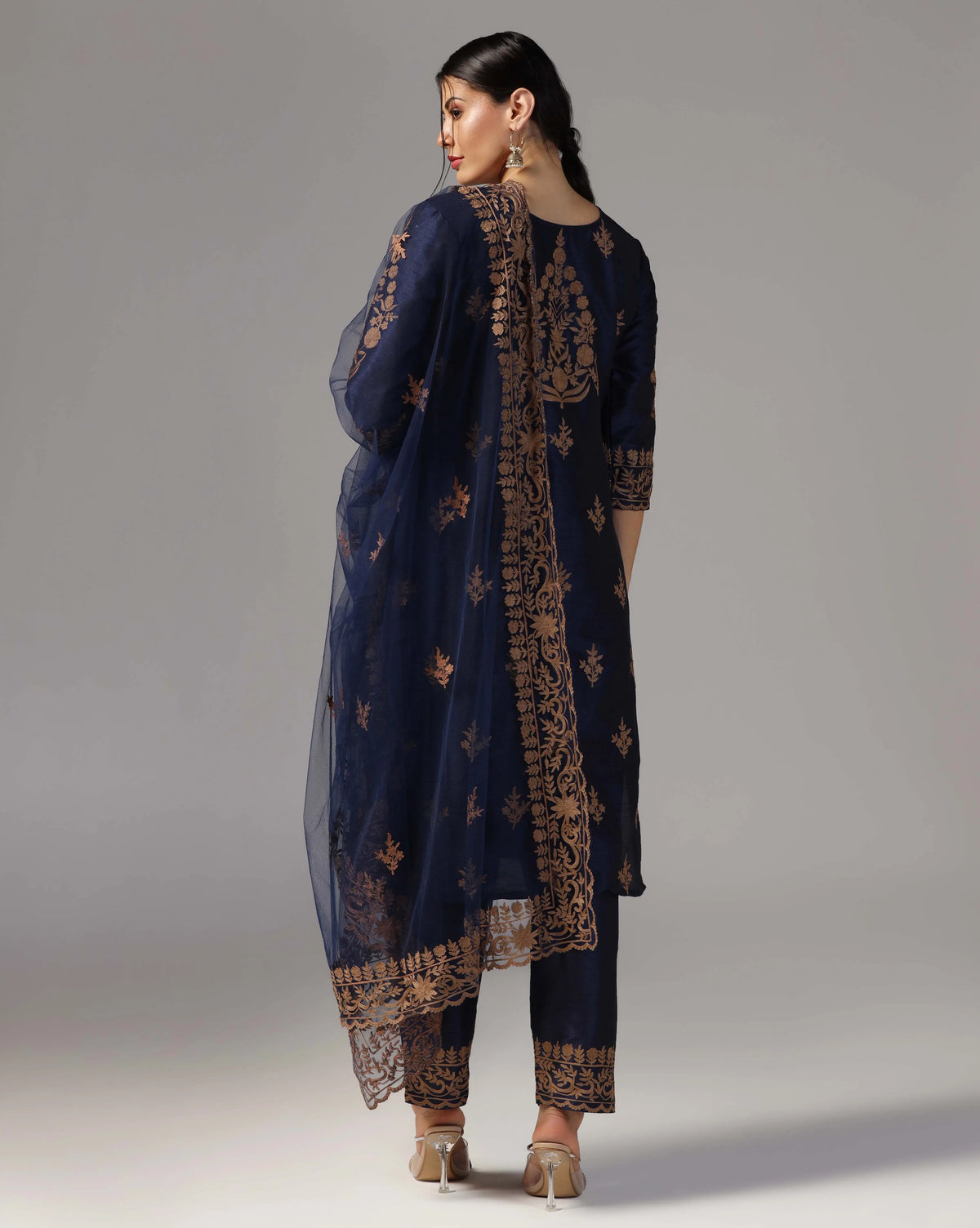 Thread Embroidered Navy Blue Kurta With Pant & Dupatta