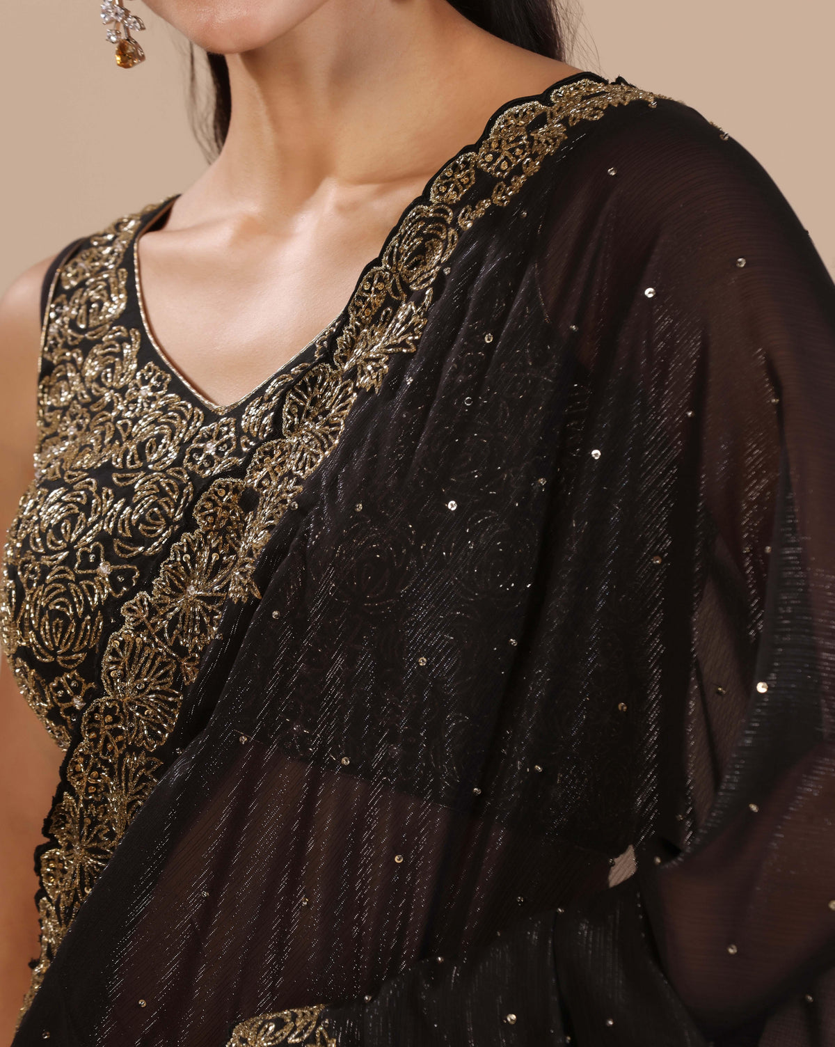 Black Cut Dana Chiffon Saree With Unstitched Blouse