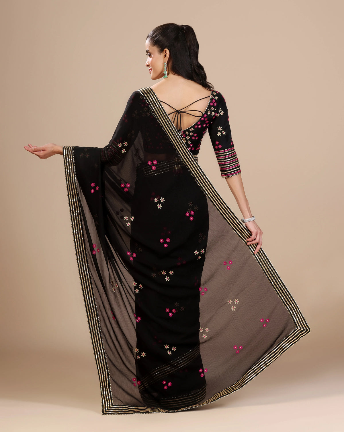 Black Gotta Chiffon Saree With Unstitched Blouse