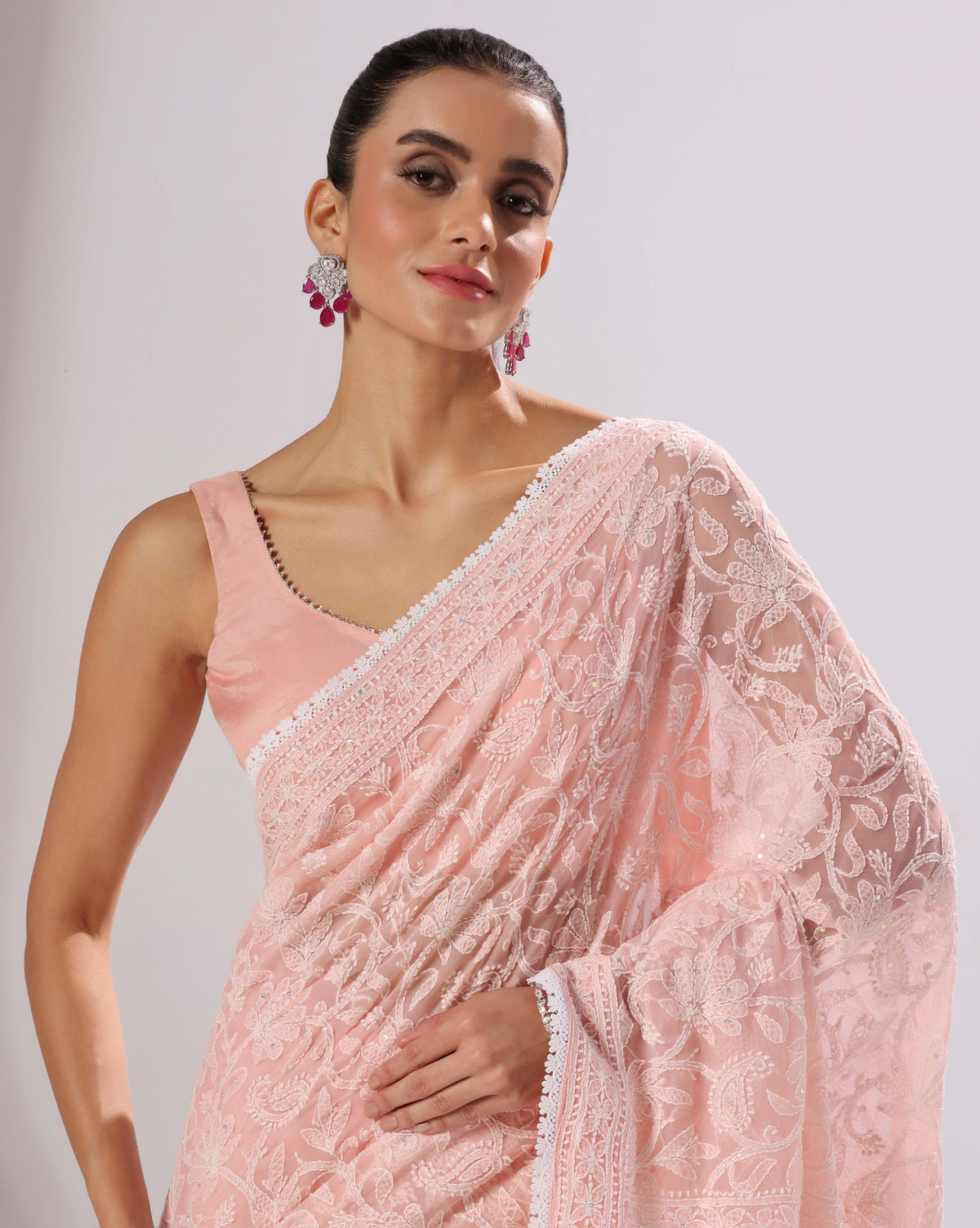 Peach Chikankari Saree