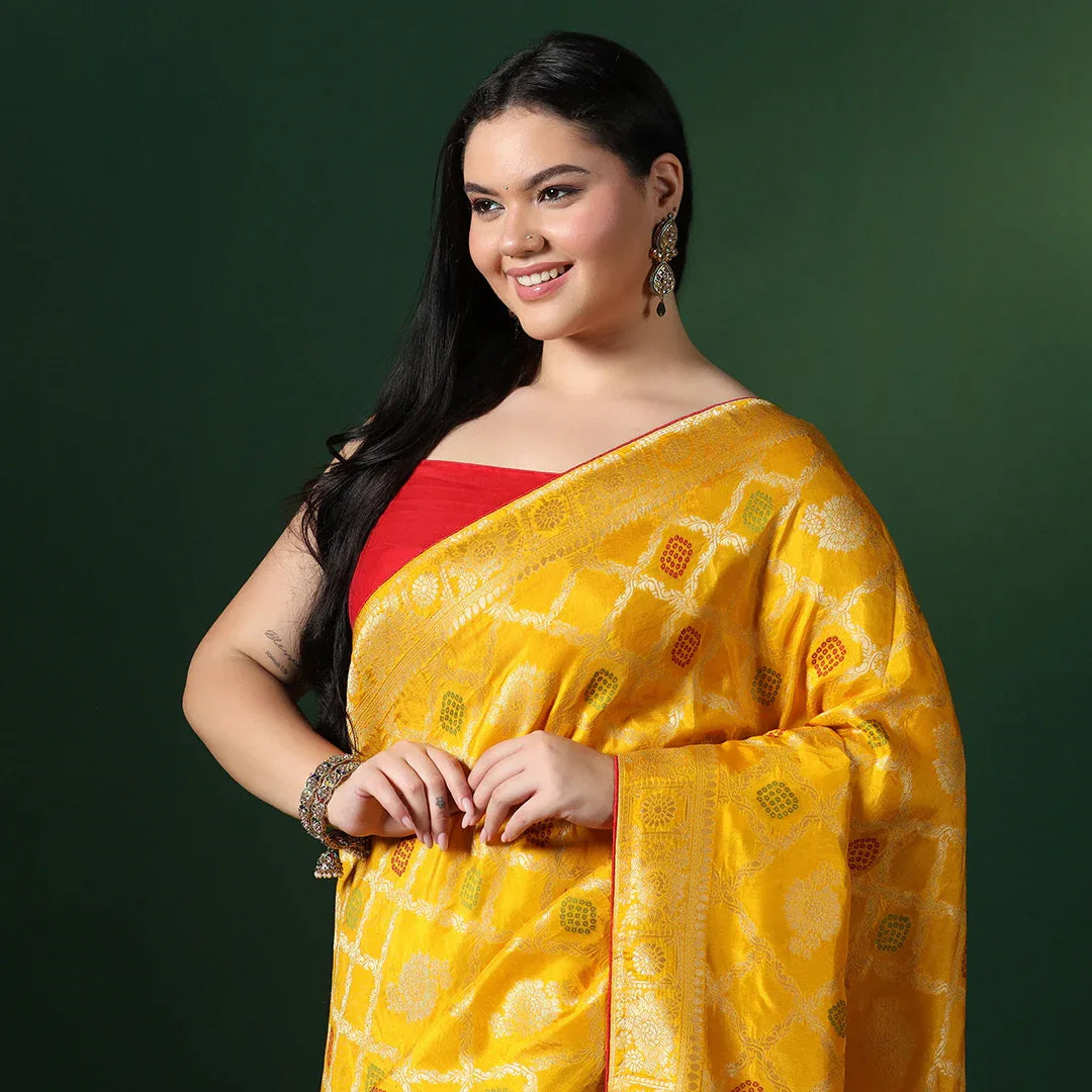 Yellow Bandhani Georgette Saree With Unstitched Blouse
