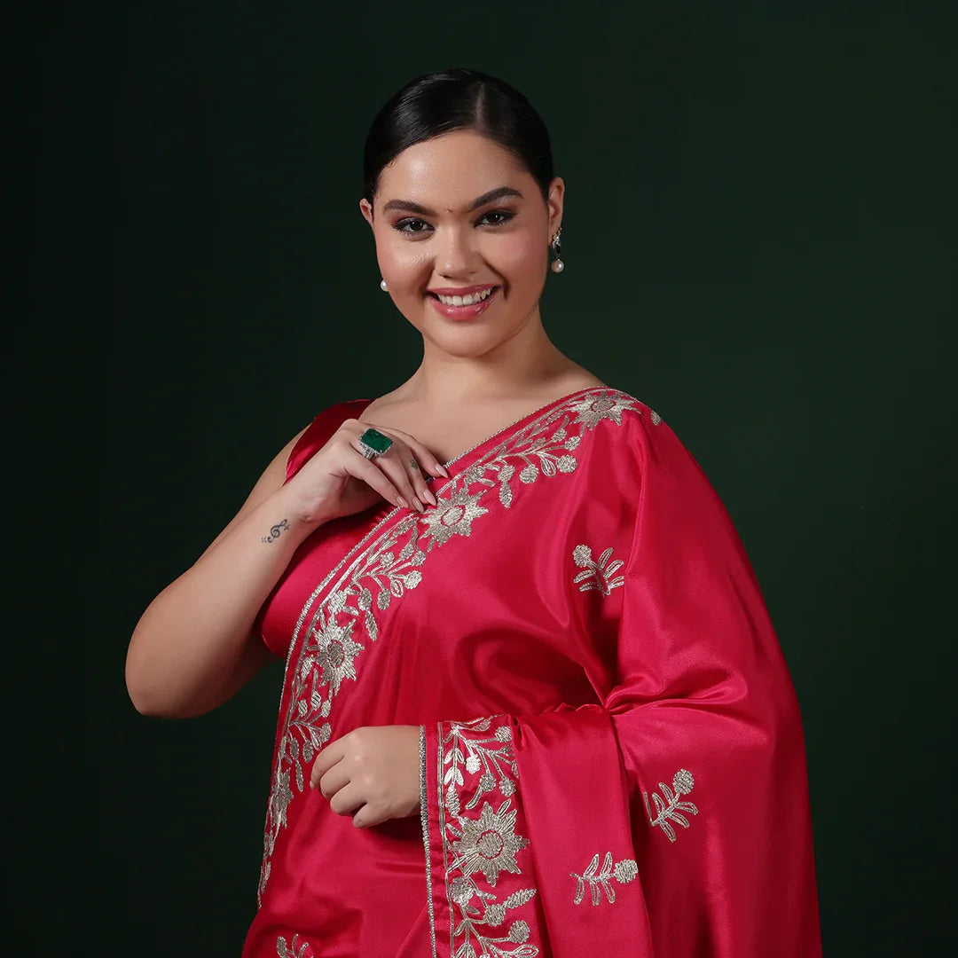 Red Gotta Crepe Saree With Unstitched Blouse
