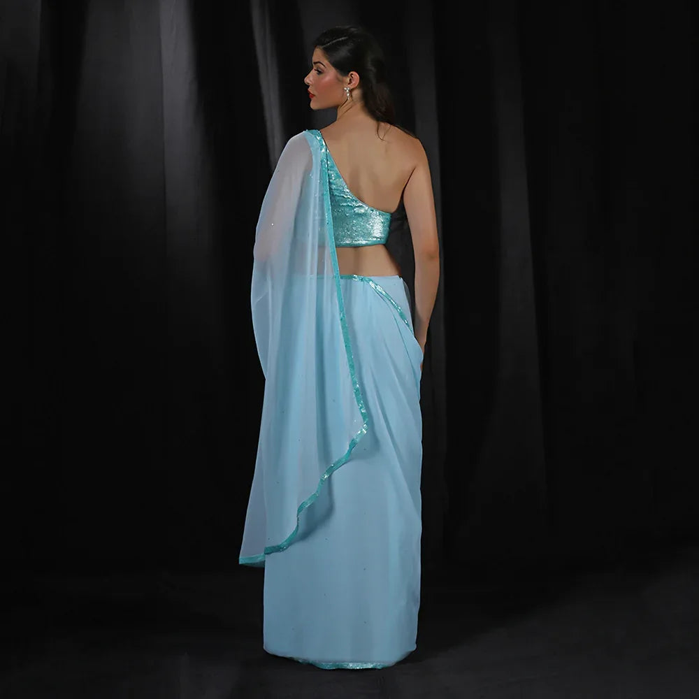 Blue Sequins Border Saree