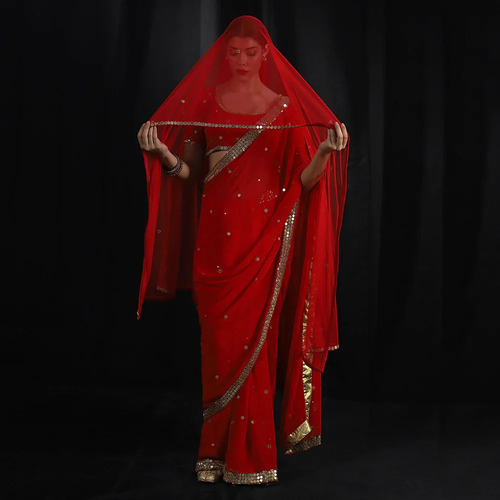 Red Gold Mirror Saree With Unstitched Blouse