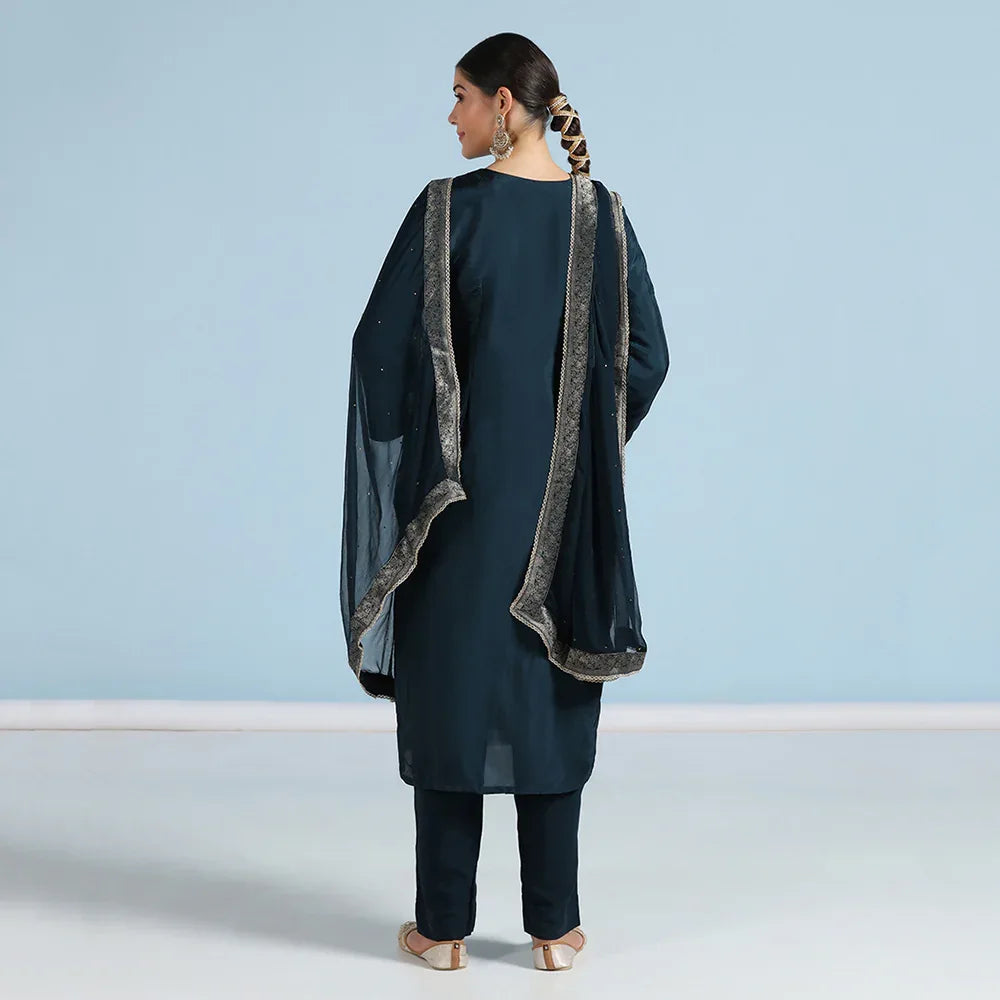 Navy Blue Banarasi Unstitched Suit