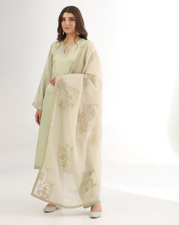 Graceful Pista Green Organza Kurta Set With Fine Embroidery