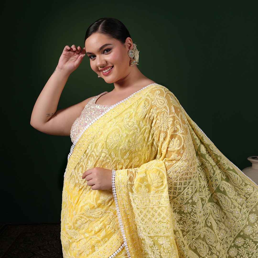 Yellow Georgette Chikankari Saree