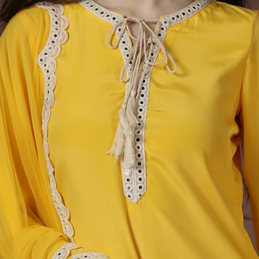 Yellow Crepe Kurta Set Detailed with Lace