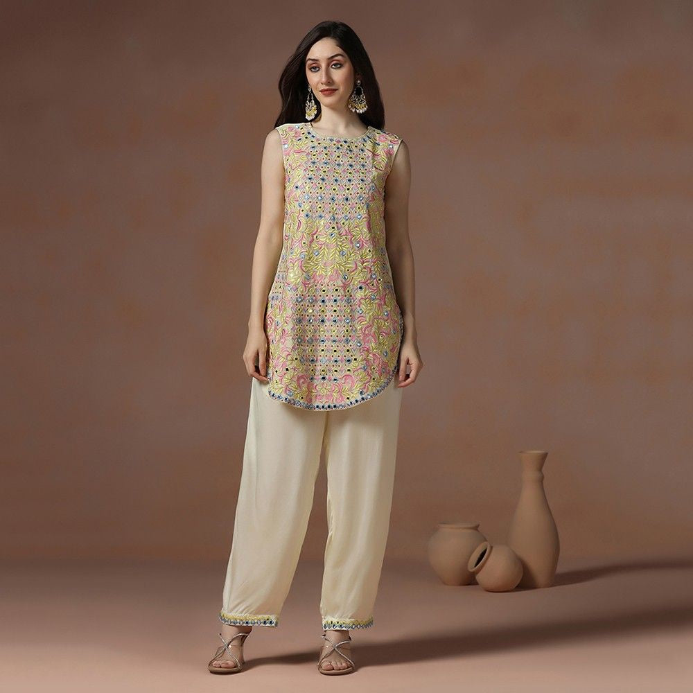Pastel Yellow Georgette Mirror Work Kurta Set