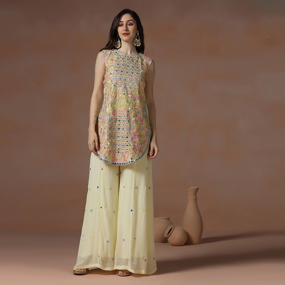 Pastel Yellow Georgette Mirror Work Kurta Sharara Set
