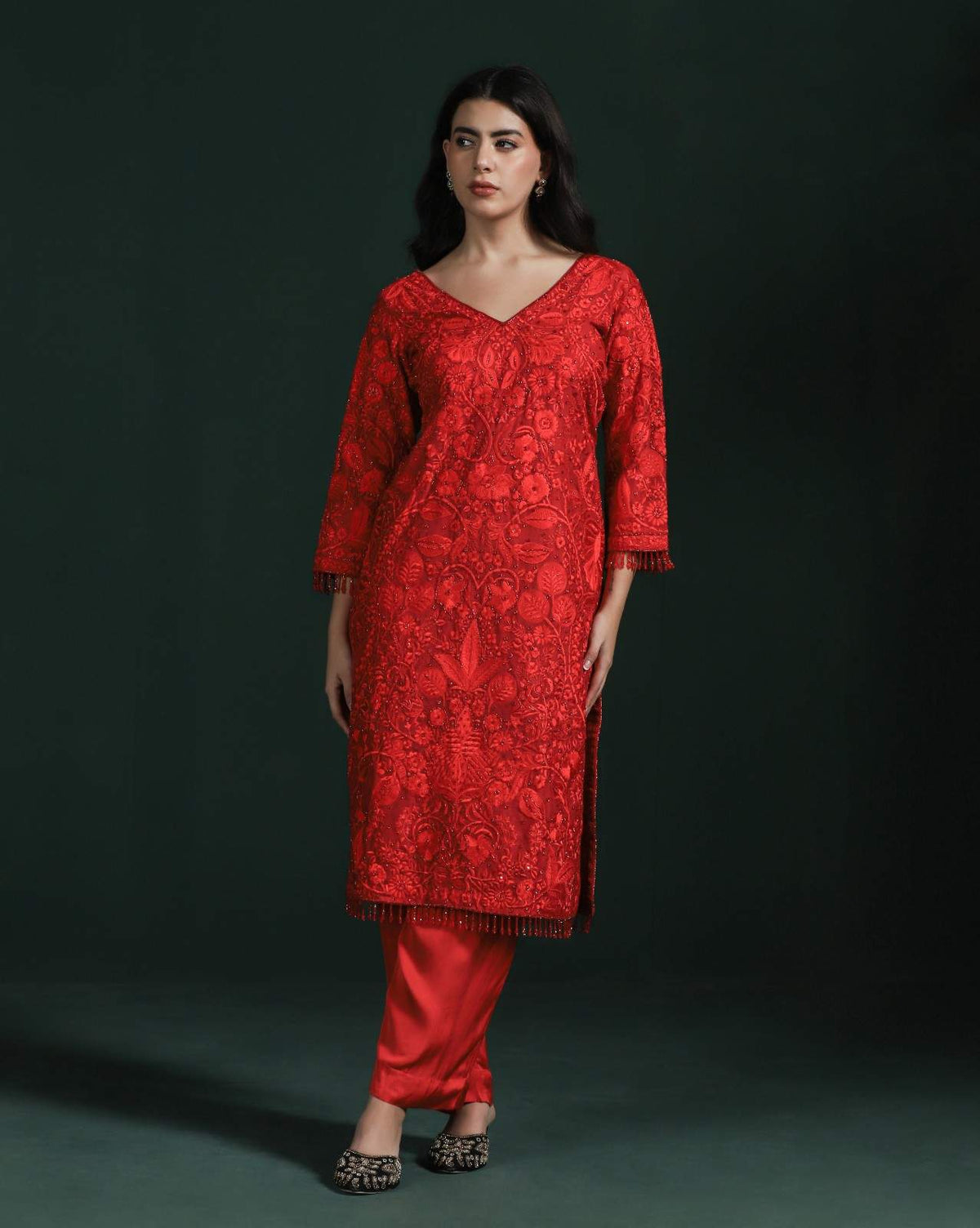 Elegant Red Kurta Set With Tone-on-Tone Thread Embroidery & Tassels