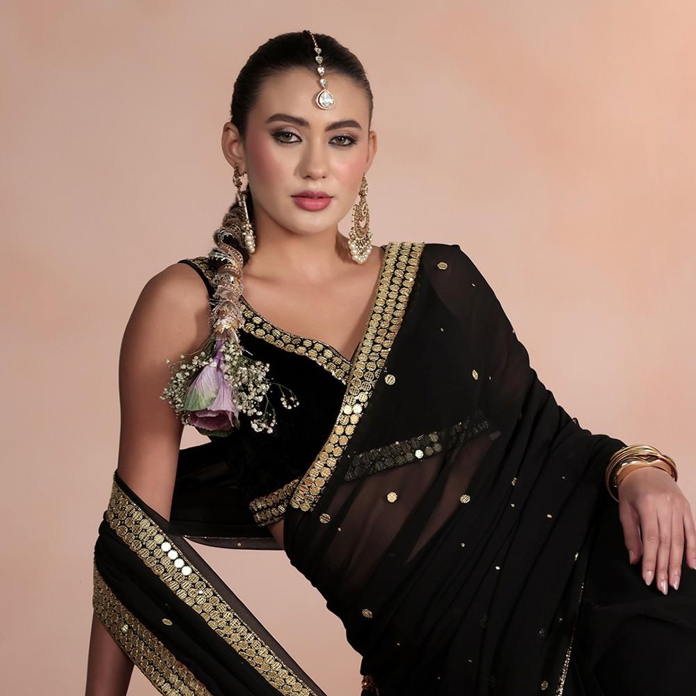 Black Georgette Saree with Gold Mirror Work Embellishments