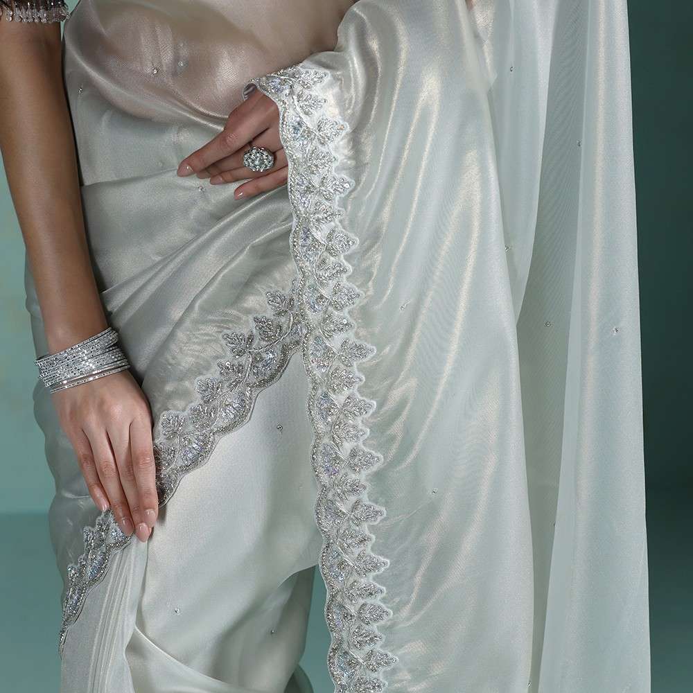 Moon Light Silver Hand Embroidered Silk Saree