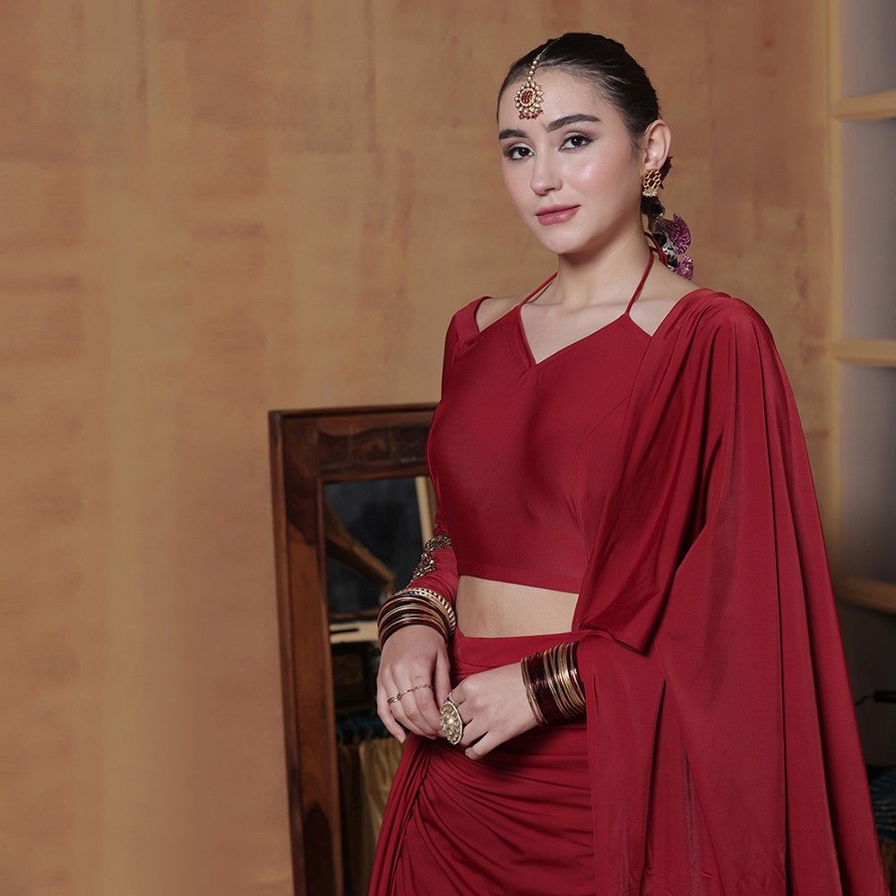 Ruby Red Pre-Draped Designer Saree Set with Blouse