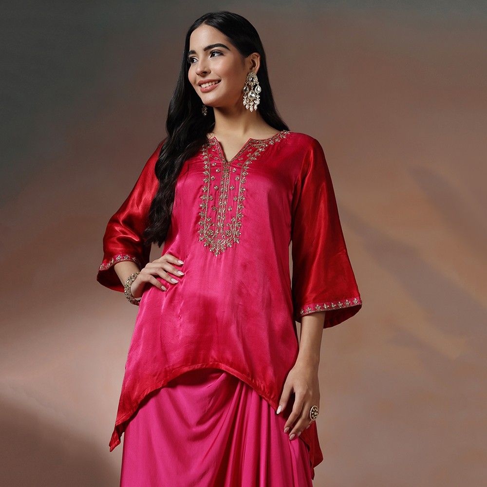 Rani Pink Embroidered Kurta & Drape Skirt Set