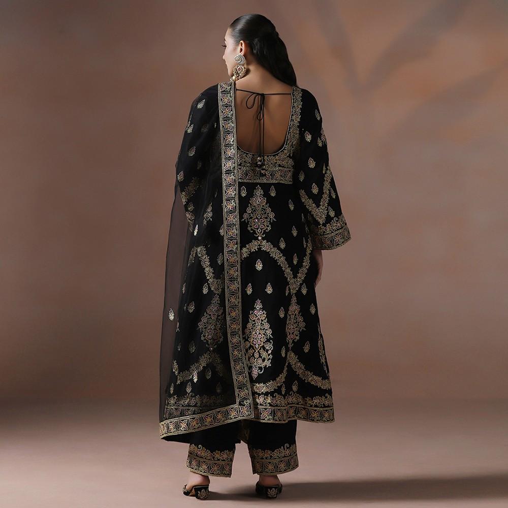 Black Georgette Anarkali Set with Intricate Resham Dori Work & Dupatta