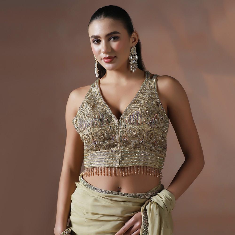 Gold Organza Hand Crafted Sequin Work Saree with Designer Blouse