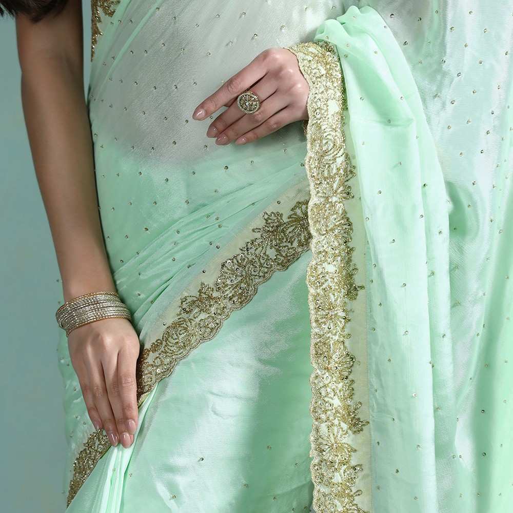 Green Chiffon Gold Hand Embroidered Saree