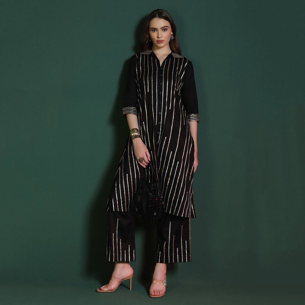 Black Cotton Gotta Kurta Set