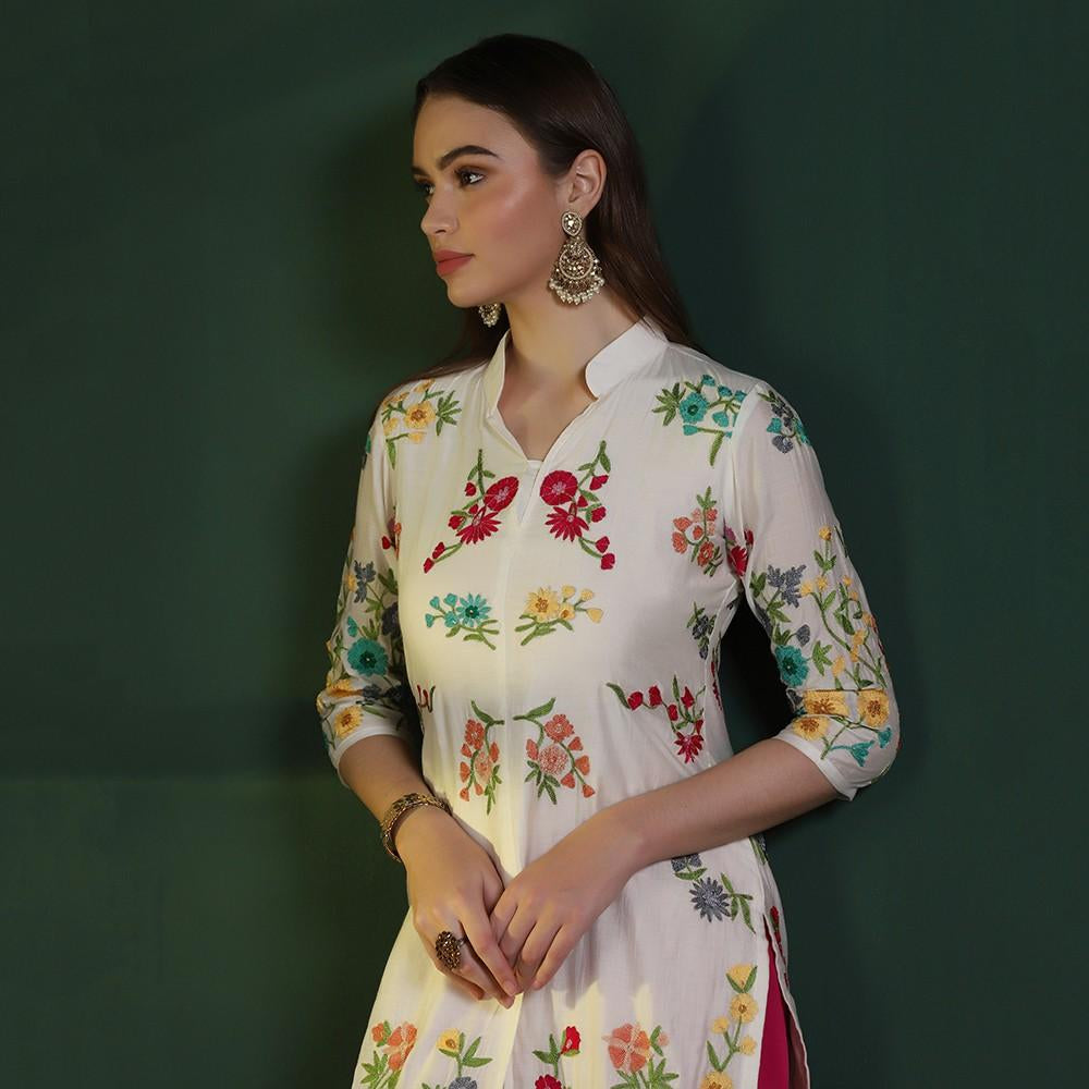 Off White Chanderi Embroidered Co-ord Set