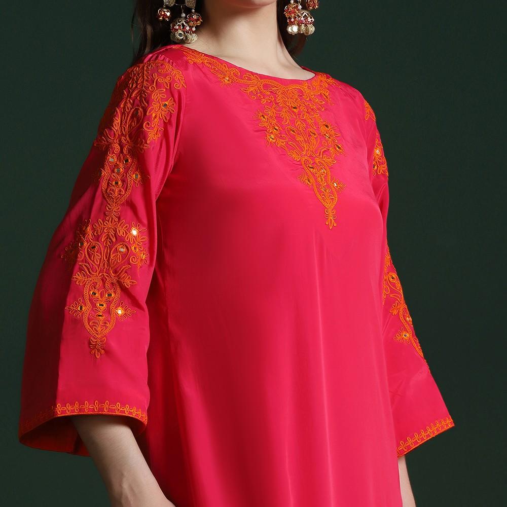 Hot Pink Crepe Slit Kurta with Dori Work