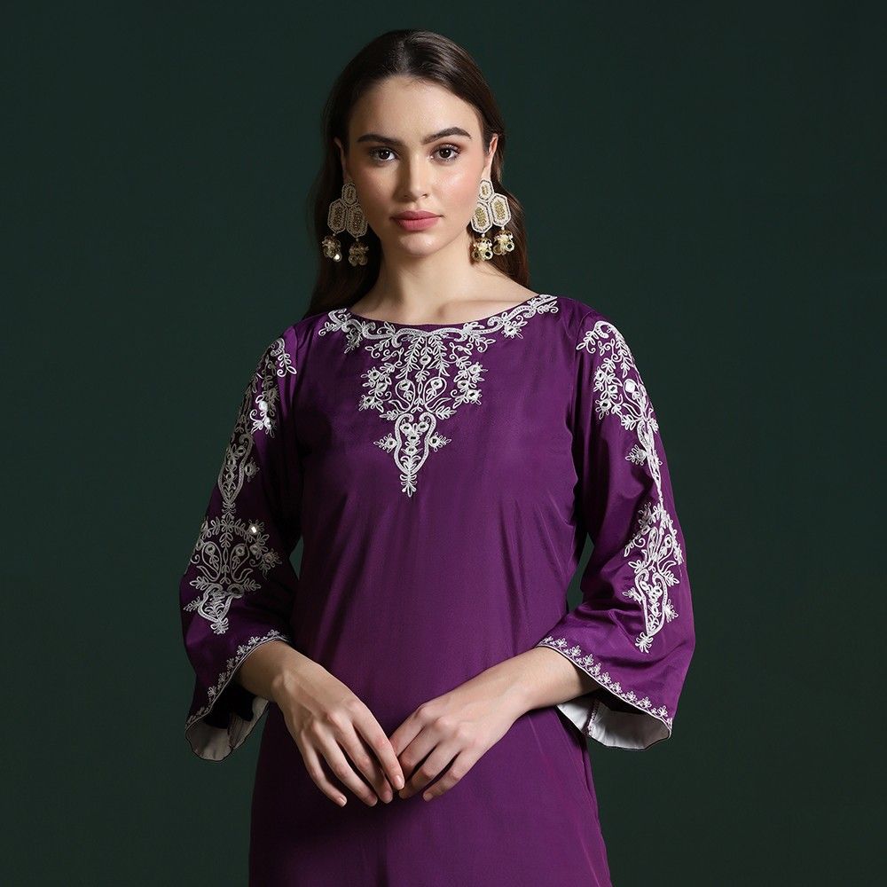 Purple Crepe Slit Kurta with Dori Work
