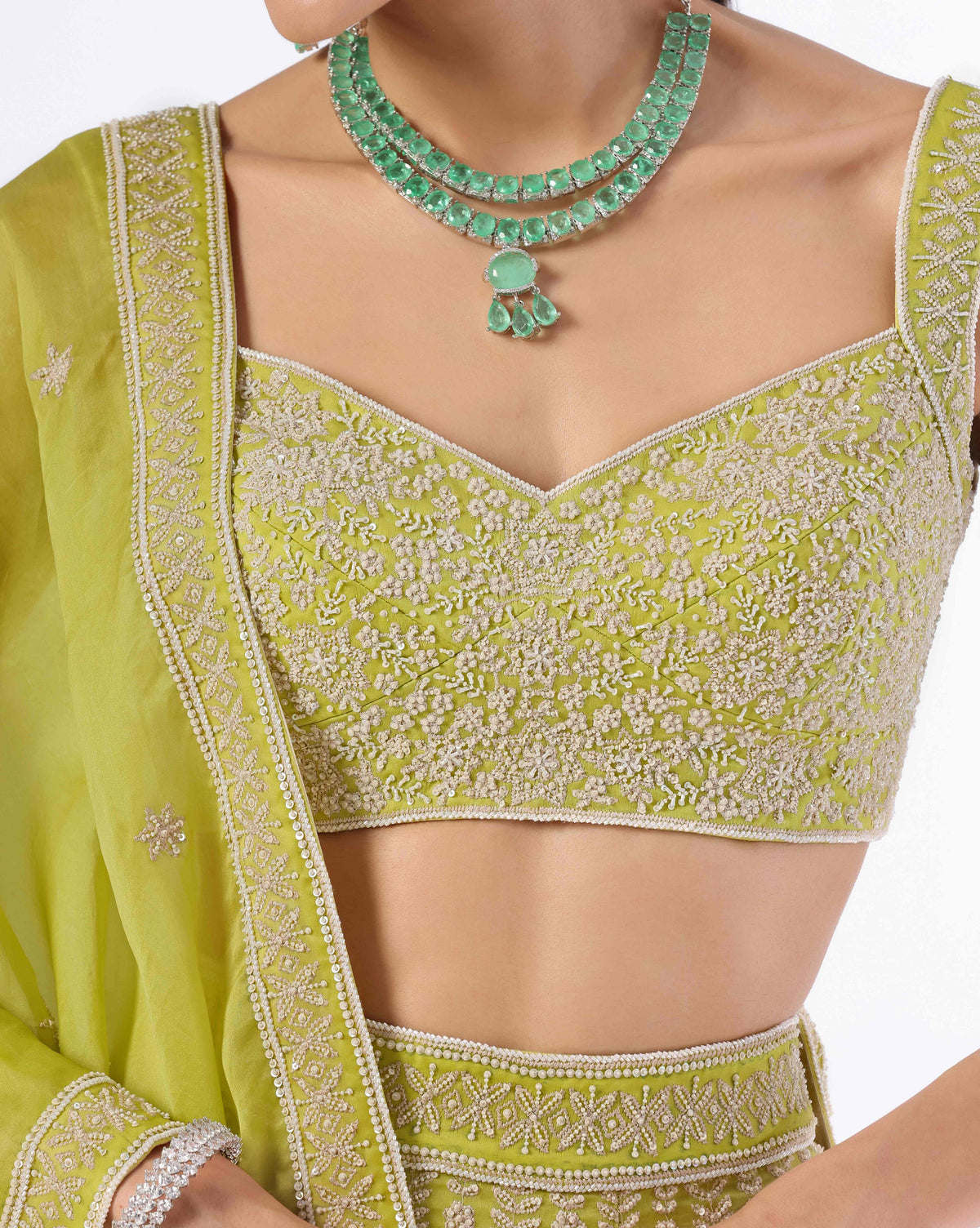 Green Lehenga With Pearl Detailing