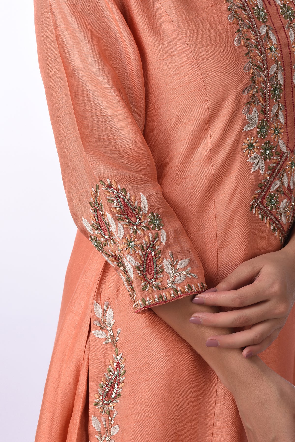 Kurti With Pants Set And Dupatta Peach Raw Silk Kurta Set
