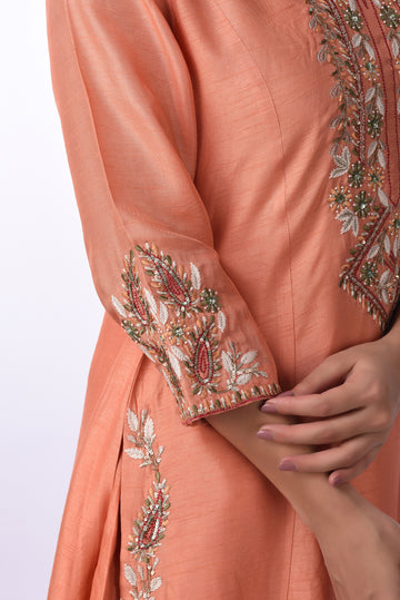 Kurti With Pants Set And Dupatta Peach Raw Silk Kurta Set
